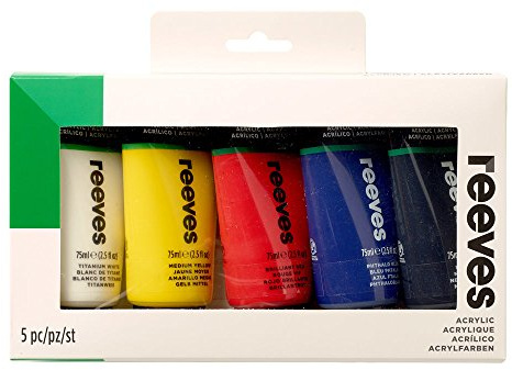 Reeves Acrylic Paint Set - Highly Pigmented Colours - Water-Based Colour Paints for Artists - Art Supplies for Adults & Kids - Suitable for Canvas, Fabric, Metal & More - 5 x 75ml Pack, Assorted