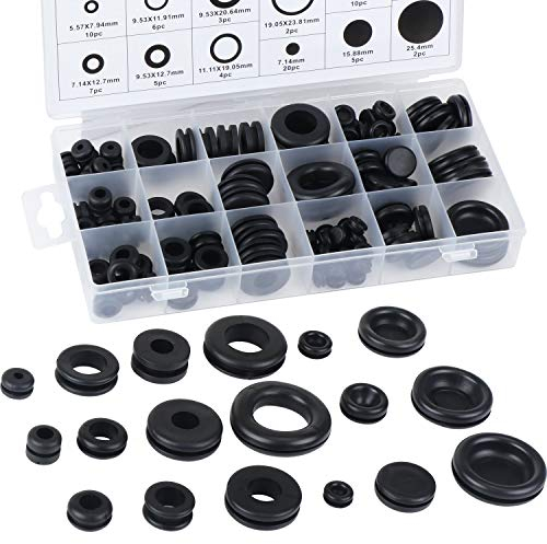 Aussel 18 Größen 125 Stück Schwarze Gummidichtung Elektrische Leiterdichtung Ring Sortiment Kit zum Schutz von Drähten, Steckern und Kabeln (125PCS)