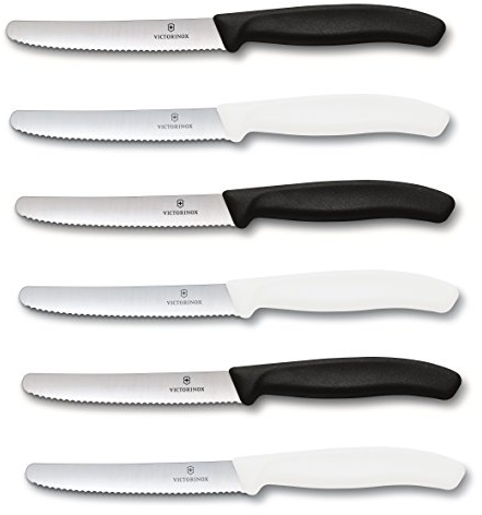 Victorinox | Küchenmesser-Set | 6 Stück Schwarz/Weiß | Klingenlänge: 11cm | Extra scharfer Wellenschliff | Tafelmesser mit ergonomischen Griff