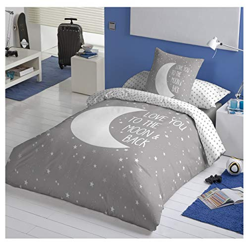 COTTON ARTean Funda nordica Infantil Cama 90 Algodón Moon Grey | Incluye 2 piezas: F. Edredón 150x220 +1 F.de Almohada Cierre Botones.Certificado OEKO-TEX