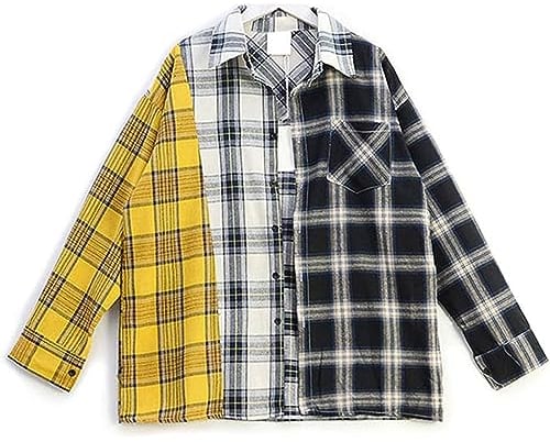 JLTPH Shirt Suga Gleicher Stil Farbabstimmung Lose Kariertes Hemd Plaid Langarmshirt Cardigan Tops Bluse (Aprikose,One Size)
