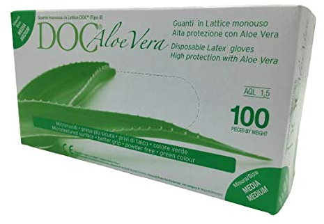 Guanti Aloe Vera Misura Taglia M Confezione da 100 pezzi Medicali Ambulatoriali e per Medicazioni Protettivi in Lattice Senza Talco