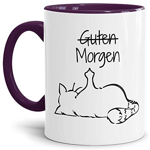 Tasse mit Spruch - Nö-Katze Guten Morgen - lustige Tasse für die Arbeit/Bürotasse/freche Tasse mit Katze/Geschenkidee lustig - Innen & Henkel Violett