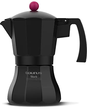 Taurus Black Moments 6 - Cafetera italiana, 6 tazas, base y filtro de acero inoxidable, válvula de seguridad, cierre de silicona para mayor seguridad, para todos los fuegos, tapa transparente, negro