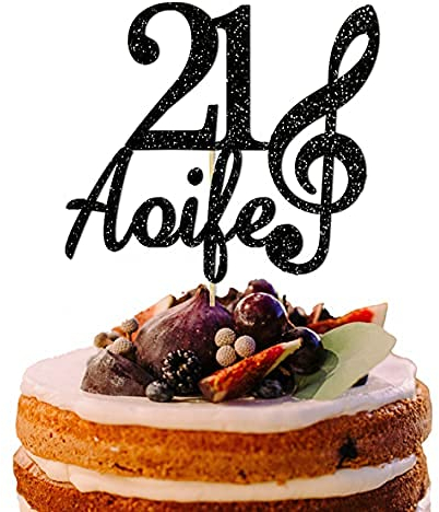 Personalised Any Name Any Age Cake Topper Music Note Design Customized Happy Birthday Music Theme Party Decoration Multicolour Glitter Card 10th 13 16 18 21 30 40 50 60 (Black)