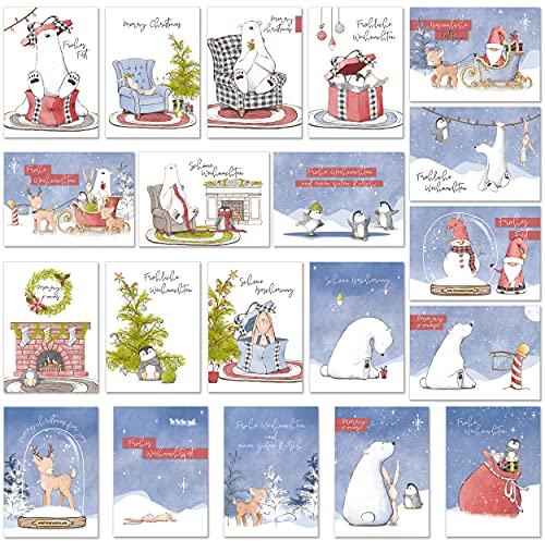 TOBJA Weihnachten Postkarten 20 Stück - Weihnachtspostkarten witzig Tiere im Schnee | Weihnachtskarten Geschenkkarten DIN A6 | Karten aus hochwertigem Premium Papier by