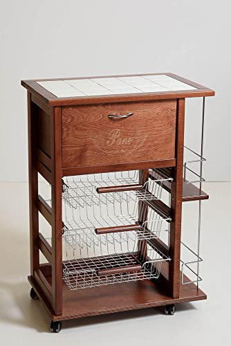 Totò Piccinni Carrellino in Legno da Cucina con Rotelle Mattonelle e Cestelli in Acciaio (con Portapane e Bottigliera, Noce)