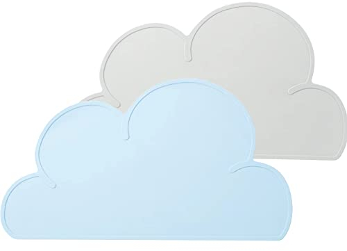 PandaEar 2 manteles Individuales de Silicona para Mesa, de Grado alimenticio, para niños bebés, niños pequeños, Antideslizantes, sin BPA Ligeros portátiles, con un Exclusivo Borde Elevado (Azul/Gris)