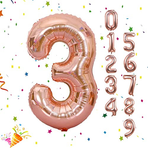 AONAT Rose Gold Number Balloon, 40 Inch Giant Foil Helium Balloons Letters 0-9 Birthday Foil Balloon Party Decorations Supplies (Number 3)