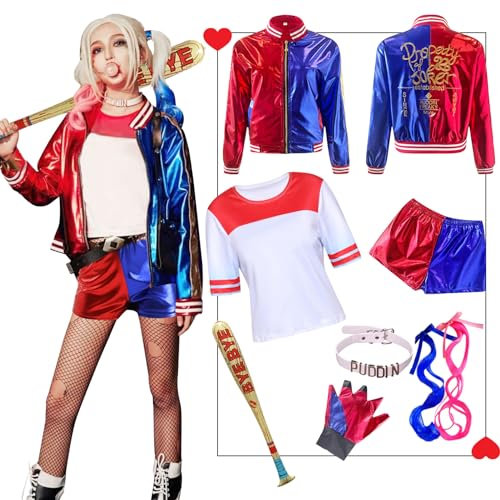 Amycute Squad Déguisement Adulte Femme, Costume Joker Fille Halloween Veste Short T-Shirt Gants Collier Perruque Bâtons Gonflable Autocollants de Tatouage Deguisement Carnaval