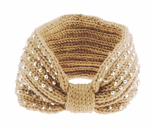 Womens Girls Sparkly Diamante Crystal Winter Woolen Warm Apres Ski Knit Knitted Crochet Fluffy Twist Turban Knotted Knot Earmuffs Ear Warmer Headwear Hairband Headband Headwrap Hat (Light Brown)
