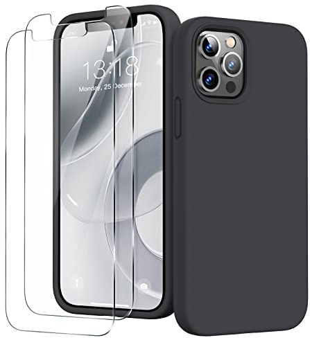 GOODVISH 3 in 1 for iPhone 12 Pro Max Case Liquid Silicone with 2x Screen Protector, Anti-Scratch Full covered Microfiber Lining Shockproof Protective Slim Phone Case Cover 6.7, Black