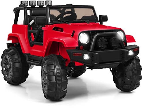 GYMAX Kids Ride on Car, 12V Battery Powered Toy Car with Music, USB/TF/AUX Slot, MP3, Lights, Safety Belt & Slow Start, Large Children Electric Truck for 3-7 Years Old (Red with 2.4G Remote Control)