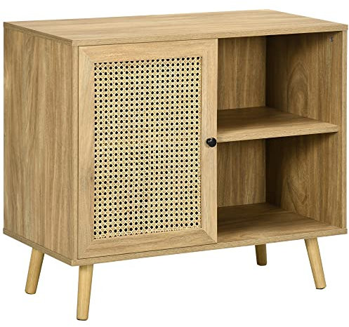 HOMCOM Sideboard Küchenschrank mit Tür, 2 Offenen Fächern, Aufbewahrungsschrank mit Verstellbarer Ablage, Kippschutz für Wohnzimmer Natur Kiefernholz 80 x 39 x 70 cm