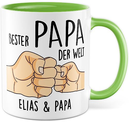 Tasse personalisiert Vater Geschenk, Bester Papa der Welt Name & Name Geschenkidee Vatertag Kaffeetasse mit Spruch Kaffee-Becher eigene Namen personalisierbar Sohn Tochter Geburtstag (Weiß/Grün)