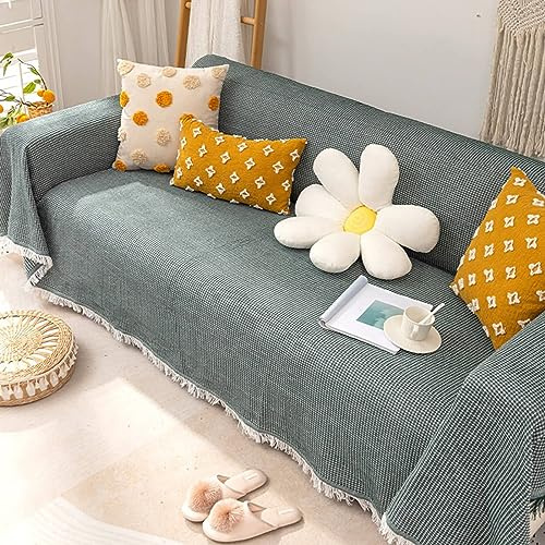 Homxi Sofabezug 2Sitzer,230x250CM,Couch Überzug Einfarbig mit Quaste Sofa Überwurfdecke Baumwolle Sofa-Handtuch Dunkelgrün Couch Überzug