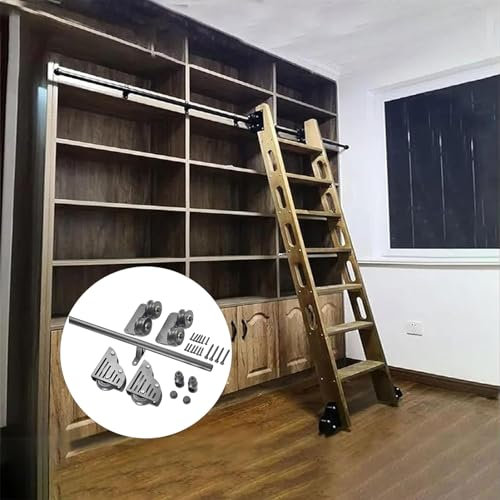 Libreria con Scale scorrevoli Set Completo Binario Scorrevole con Hardware (Senza Scala) Kit Binario con Scala Mobile a Tubo Tondo, Binario di Estensione Scorrevole - Rullo da Pavimento con Freno (Si
