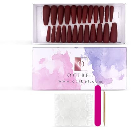 OCIBEL - Press On Nails Faux Ongles Réutilisables - Long Coffin Rouge Foncé Mat pour Manucure, Faux Ongles et Nail Art