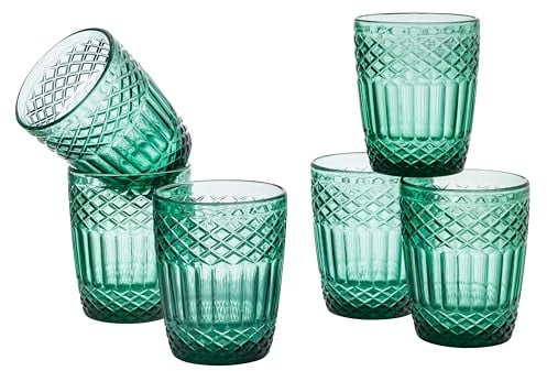 Baroni Home Set 6 pz di Bicchieri in Vetro Decorati con Rifiniture in Rilievo da 25 CL, Lavabili in Lavastoviglie, 8x8x10 cm, Verde