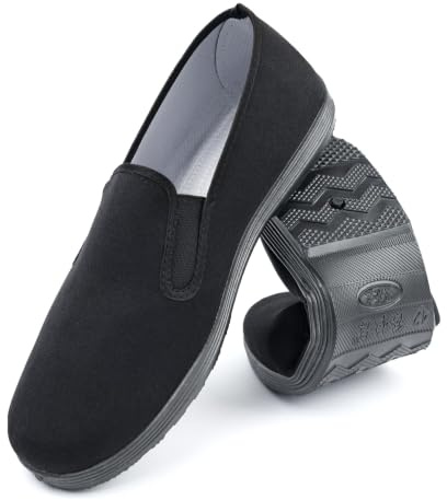 Chinese Style Slippers Kung Fu Tai Chi Old Beijing Martial Arts Shoes,Canvas Rubber Sole Unisex All Black Size Men 11.5/Women 12.5
