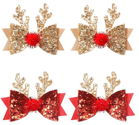 4 Pièces Pinces à Cheveux avec Nœud de Noël à Paillettes Barrettes à Cheveux de Noël Pinces à Cheveux en Bois de Renne Barrettes Noel Pinces à Cheveux Filles