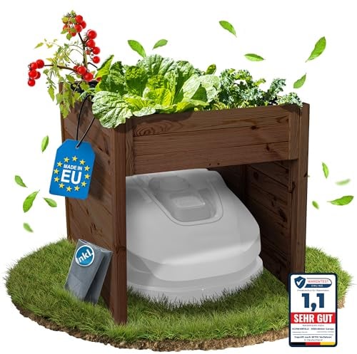 Schwanfeld® [2 in 1] Mähroboter Garage mit Hochbeet [GEEIGNET FÜR JEDEN MÄHROBOTER] - inkl. Innenfolie - Hochwertige Garage Mähroboter (Schützt vor Regen & UV-Strahlen) - Robuste Rasenroboter (Braun)