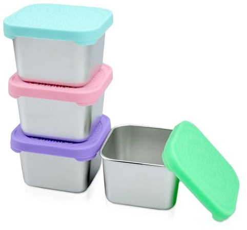 Hocadrv 4 Stück Snackbox Edelstahl Salatdressing Behälter Saucen Behälter Edelstahl Dose Klein mit Silikon Deckel Snackbehälter Auslaufsicher Wiederverwendbar Bento Box Zubehör(180ml)