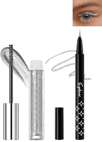 Silberne Glitter Flüssige Wimperntusche und Eyeliner Set, Long Thick Volume Mascara, Glitzer Eyeliner, Wasserfest & Langlebig, Shimmer Highlight Metallic Augen Makeup Set für Frauen-01# Silberne