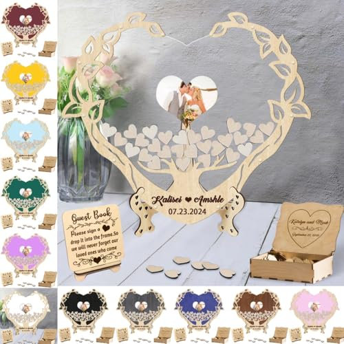 Certykllp Libro degli ospiti di nozze personalizzato albero del cuore personalizzato rustico albero della vita matrimonio libro degli ospiti scatola con cornice, decorazioni di nozze, regalo di nozze,