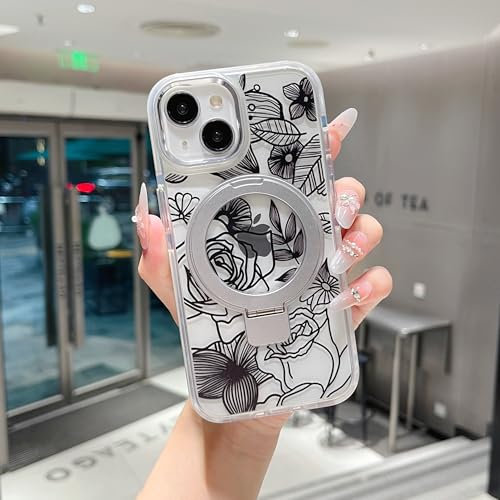 XIZYO Magnetic Case for iPhone 14 with Magnetic Ring Stand, Cute Clear Rose Flower Floral Pattern Compatible with MagSafe, for Girls Women Shockproof Kickstand Phone Case, Silver