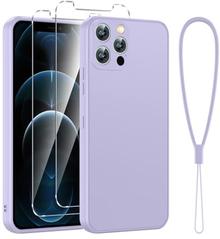 Viojrlra Cover per iPhone 12 Pro con 2 Pellicola Vetro Temperato, Custodia Antiurto Ultra Sottile Liquid Silicone TPU Morbido, Anti Ingiallimento Anti-Graffio Protettiva Case iPhone 12 Pro Max (Viola)