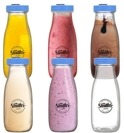 Smiths Mason Jars - 6er-Pack, 10oz/300ml Glasflaschen mit Deckel - Auslaufsichere, verschüttungssichere Milchflaschen aus Klarglas mit Deckel und wiederverwendbaren Strohhalmen - ideal für Milch, Saft