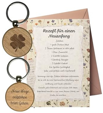 PURESIZE Rezept für einen Neuanfang Karte mit Schlüsselanhänger, Abschiedsgeschenk Kollegen Jobwechsel, Geschenk Abschied Job, Mutmacher, Aufmunterung, Krankheit, Affirmation, Trennung Mutmachen