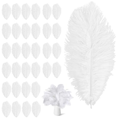 32 Stück Straußenfedern, Federn Weiss, Weiße Federn, 15-20cm Straussenfedern, Weiße Federn Zum Basteln für Hochzeiten, Esstische, Karneval, Federstifte, Traumfänger Dekoration