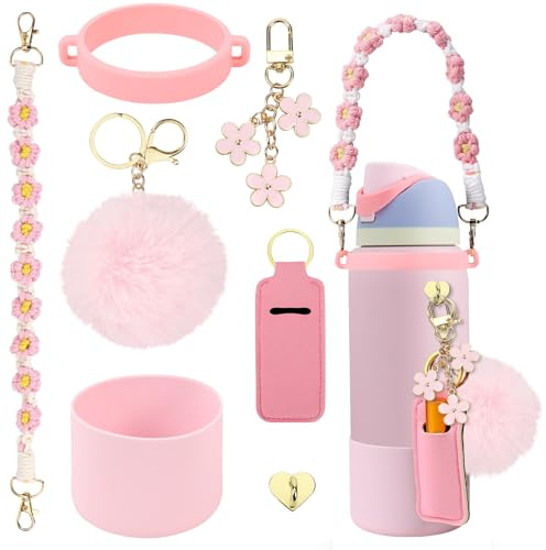 Compatible for Owala Accessories Bundle: Silicone Boot for 24oz & 32oz Bottles, Charms, Handle, Strap, Rubber Bottoms, and Decorative Add-ons for Your Compatible for Owala Water Bottle, Pink