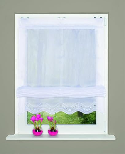 Raffrollo Gardine Raffgardine Bändchenrollo mit Stickerei Vorhang Ösenrollo Batist OHNE Haken für Fenster in Weiss halbtransparent 1 Stück BxH: 45 x 140 cm