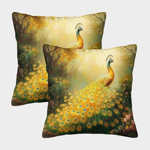 kaiyun 2er-Pack Kissenbezug 40x40cm Deko-Kissenbezug Golden Pfau Deko-Kissenbezug Helle Federn Deko-Sofa-Kissenbezug Mit Muster Passend Für Sofa Wohnzimmer Balkon Garten Auto
