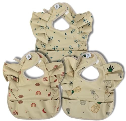 Hello Hippo – 3er-Set Wasserdichte Babylätzchen mit Volants & Auffangtasche – Eleganter Schutz für Babys | Verstellbare Lätzchen Unisex 4-12 Monate