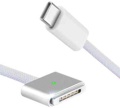 140 W Câble USB C vers Mag-Safe 3 Charge rapide de type C Convertisseur avec lumière LED Compatible avec MacBook Pro M1 2021/M2 2023 (14/16), MacBook Air M2 (13/15), M3/M3 Pro/M3 Max 2025