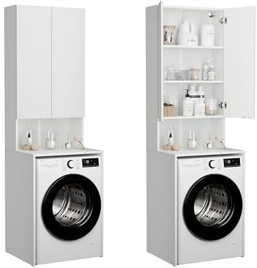 PLATAN ROOM Waschmaschinenschrank Badezimmer Hochschrank Überbauschrank für Waschmaschine und Wäschetrockner 210 x 65 x 56/25 cm weiß (Weiß Matt, 56 cm tief)