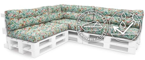 Spatium Palettenkissen 120 x 80 cm, 100% abnehmbar Bezug wasserdicht, UV-beständig, Outdoor/Indoor Palettenauflage Palettenpolster Palettenmöbel (Set C, BlumenmusterWiese)