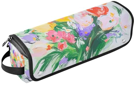 Étui de voyage 2 en 1 pour fer à friser avec tapis de fer, outils chauffants, sac de voyage organisateur pour fer à lisser, fer à friser, sèche-cheveux, fleurs et œillets de lys blanc
