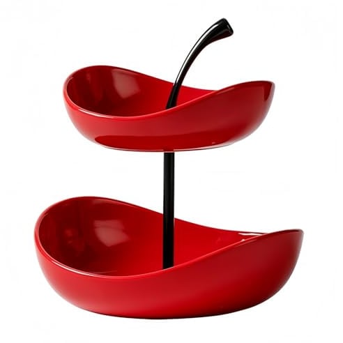 GUASDIE Vassoio per frutta a doppio strato Ciotola per frutta in ceramica a 3 livelli Ciotole da portata in ceramica multistrato con supporto in metallo, vassoio da portata,Rosso,Double Layer