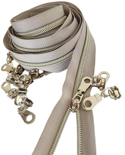 Leekayer #5 Reißverschlüsse aus metallischem Nylon, lose, 4,5 m langes Band, Beige, mit 10 Schiebern aus Gold, zum Basteln, Nähen, Beige