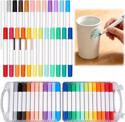 24 Farben Porzellanmalstifte mit Doppelspitze, Keramik Bemalen Stifte | Porzellanstifte Spülmaschinenfest, Wasserfester Glasmalstifte, für Tassen, Keramik, Stein, Holz, Metall, DIY-Bastelprojekte