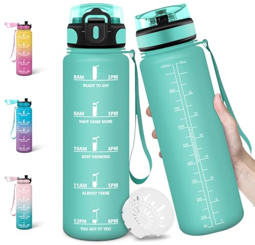 Motswedi Gourde, 1000ml Sans BPA, Gourde Plastique, Conception de Verrouillage Anti-Fuite, Bouteille, Avec Horodatage, Bouteille Motivation pour Sports, Camping, Cuisine - Bleu&vert
