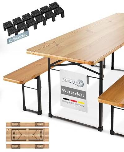 Beautissu Bierzeltgarnitur 3-teilig aus Holz klappbar mit Biertisch Outdoor | 220x70cm 1x Biertischgarnitur 2x Bierbank Bierbankgarnitur Biergartengarnitur Festzeltgarnitur Campingtisch 3tlg Set BT22