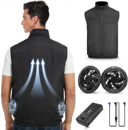 FERNIDA Gilet Rinfrescante per Uomini e Donne con Batteria da 20000mAh e 2 Ventilatori, Giacca con Ventilatore Elettrico da 18V per Tempo Caldo all'Aperto, Nero , XL