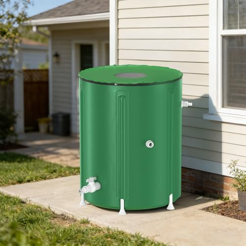 Monucep Serbatoio dell'acqua piovana pieghevole, 200 l, stabile con tubi di supporto e protezione da troppopieno, verde di alta qualità, resistente ai raggi UV, salvaspazio, per giardino, balcone