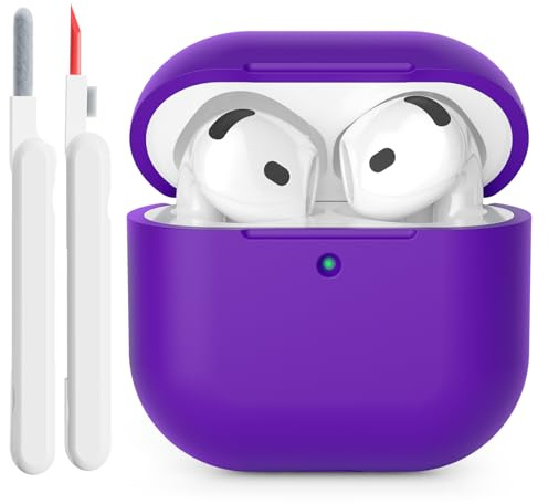 KOKOKA Custodia in silicone compatibile con AirPods 4 2024, custodia con LED frontale visibile, custodia protettiva in morbido silicone antiurto per AirPods 4. generazione con set di pulizia, viola